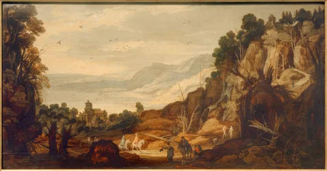 Paisaje montañoso con jinetes