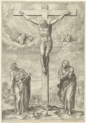Cristo en la cruz flanqueado por María y Juan en un paisaje