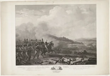 Príncipe de Orange liderando las tropas holandesas en la batalla de Quatre-Bras, 1815 Su Alteza Real William, George, Frederik, Lodewijk Príncipe heredero del Reino de los Países Bajos al frente de los holandeses contra el ejército francés de Quatre-B