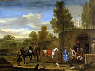 Grupo ecuestre fuera de las murallas de un castillo