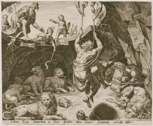 Daniel es liberado del foso de los leones, lámina 9 de la serie «La historia de Daniel, Bel y el dragón»