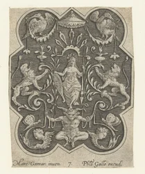 Mujer con casco, escudo y lanza
Decoraciones planas con grotescos sobre fondo sombreado (título de la serie)