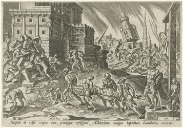 El cuerpo del rey de Hai es llevado a la puerta de la ciudad. Los días de la perdición del pueblo judío (título de la serie)