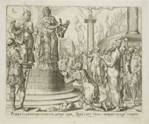 Judit mostrando la cabeza de Holofernes al pueblo de Betulia, lámina siete de La historia de Judit y Holofernes.