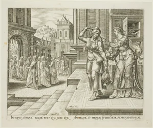 Judith preparándose para partir hacia el campamento de los enemigos, lámina cuatro de La historia de Judith y Holofernes.