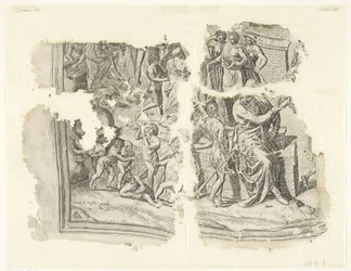 Esquina inferior izquierda de una impresión de la escena de Cebes Tabula Cebetis Carta Vitae (título original)