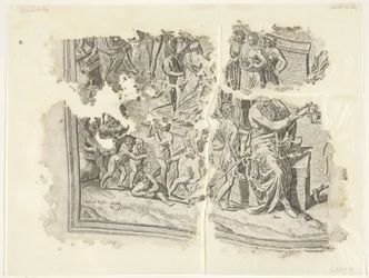 Esquina inferior izquierda de una impresión de la escena de Cebes Tabula Cebetis Carta Vitae (título original)