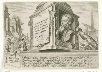 Retrato de Maarten van Heemskerck sobre el pedestal de una columna Los días de la perdición del pueblo judío (título de la serie)
