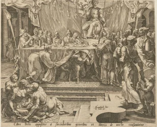 Los sacerdotes de Bel comen y beben en el templo, lámina 4, y Daniel alimenta al dragón, lámina 7, láminas 4 y 7 de la serie «La historia de Daniel, Bel y el dragón»