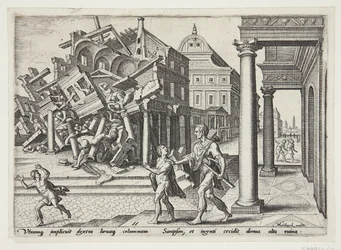 Sansón liberado de la prisión y destruyendo el templo de los filisteos