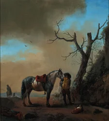 Paisaje con un caballo blanco y un jinete desmontado, c.1647