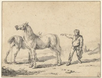 Dos caballos, uno orinando y el otro relinchando, y un hombre de pie con el brazo derecho levantado