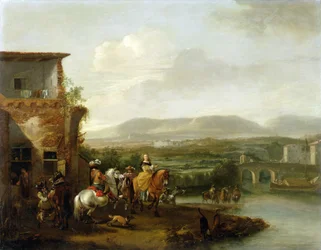 Una elegante cabalgata en el exterior de una granja junto a un río (óleo sobre lienzo)
