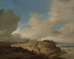 Paisaje de dunas con un poste de señales, c.1651-1653 (óleo sobre tabla)