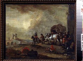 Viajeros en el camino. Pintura de Philips Wouwerman (1619-1668). Óleo sobre lienzo, 33,5 x 41,5 cm. Arte flamenco, estilo barroco. Museo Estatal de Arte, Tula (o Tolan), Rusia.