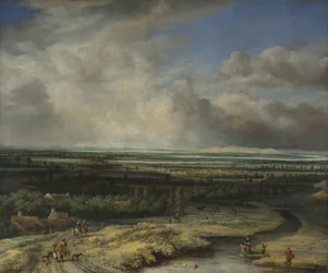 Un paisaje extenso con una partida de caza con halcones, c. 1670
