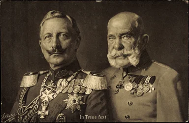 Ak Kaiser Guillermo II de Prusia con el Emperador Francisco José I de Austria, fidelidad (foto b/n)