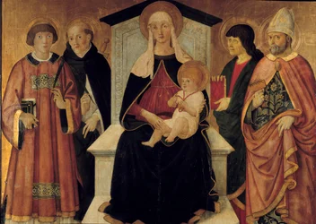 La Virgen y el Niño. La Virgen está rodeada por San Lorenzo diácono, San Pedro, San Juan, San Blas de Sebaste