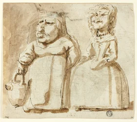 Caricaturas de dos mujeres (anverso); Judas orante (reverso)