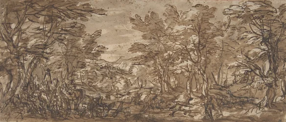 Escena forestal, una parada a la izquierda, una caza en el centro, 1612-66