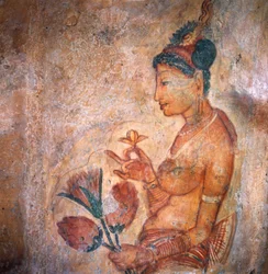 Apsaras, ninfa celestial ofreciendo flores, fresco, ciudadela fortificada de Sigiriya (Lista del Patrimonio Mundial de la UNESCO)