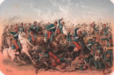 Escena de batalla, Guerra de Crimea, litografía en color, de Episodios de la guerra de Oriente, Imprimerie et Jacomme Lemercier Publisher, París