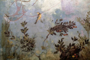 Pájaro, detalle de un fresco que representa un jardín con árboles y pájaros, de la Casa de Livia en el monte Palatino, Roma, Italia. Civilización romana