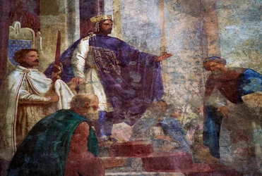 Detalle de frescos en la fachada del Palazzo Thiene (siglo XV), Vicenza (Lista del Patrimonio Mundial de la UNESCO)