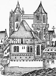Abadía de Montecassino, xilografía alemana, de la Crónica de Núremberg (Liber Chronicarum) de Hartmann Schedel