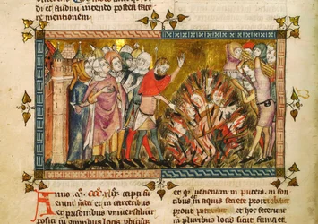 Quema de los Judíos en 1349. Miniatura de: Tractatus quartus por Gilles de Muisit