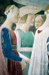 Detalle de La Leyenda de la Vera Cruz mostrando la adoración de la madera y el encuentro de la Reina de Saba y el Rey Salomón