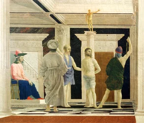 Flagelación de Cristo de Piero della Francesca (1412-1492), Témpera sobre tabla, 58x81,5 cm, detalle