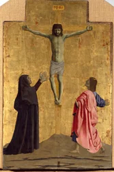 Políptico de la Misericordia: la Virgen de la Misericordia, rodeada de santos (detalle de la crucifixión con la inscripción "INRI" en la cruz)