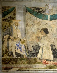 Retrato de Sigismondo Pandolfo Malatesta (1417-1468) en oración ante San Sigismondo (Sigismondo). Fresco de Pietro di Benedetto dei Franceschi dit Piero della Francesca (1422-1492)