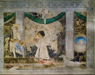 Sigismondo Pandolfo Malatesta, soberano de Rímini, arrodillado ante su patrón, San Segismundo, santo rey de Borgoña (fresco)