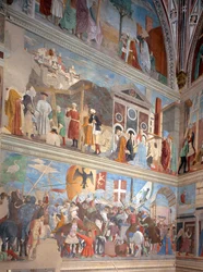 La verificación de la verdadera cruz, la victoria de Heraclio y la ejecución de Cosroes en 628 d.C., del ciclo de la Leyenda de la Verdadera Cruz, completado en 1464 (post-restauración)
