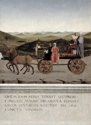 Triunfo de Battista Sforza, duquesa de Urbino. Battista y su doncella, dos Virtudes Teológicas y una monja son llevadas en un carro triunfal por dos unicornios marrones, después de 1472 (detalle)