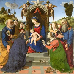 Virgen con el Niño en trono con los santos Pedro, Juan Evangelista, Isabel de Hungría (¿), Catalina de Alejandría y ángeles