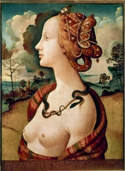 Retrato de mujer, llamada Simonetta Vespucci. Temple sobre madera por Piero di Lorenzo dit Piero di Cosimo (1462-1521) 1480. Chantilly, Museo Condé