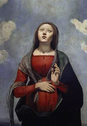 La Virgen María con la paloma del Espíritu Santo sobre ella, rodeada de seis santos. (detalle) (óleo sobre lienzo, c. 1505)