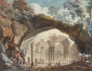 Fantasía arquitectónica: Ruinas de un templo circular vistas a través de un arco natural, c.1785 (gouache sobre papel)