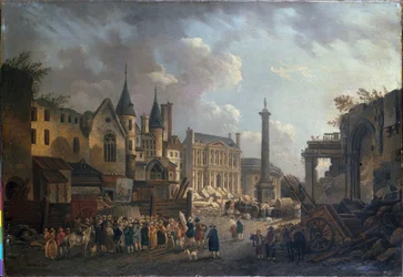 Espectáculo ferial en un cruce imaginario de París, hacia 1770 (óleo sobre lienzo)