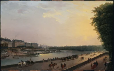 El Sena en la Grenouillère, vista desde la terraza ribereña de las Tullerías, hacia 1777 (óleo sobre madera)
