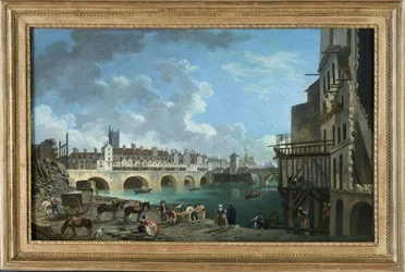 Vista del Quai de Gesvres en el momento de la demolición de las casas del Pont au Change, hacia 1788 (óleo)