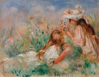 Muchachas en la hierba arreglando un ramo de flores
