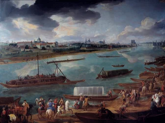 Vista de París, tomada desde el Quai de la Rapée en 1716 (detalle) de los barcos en el Sena. Pintura de Pierre Denis Martin