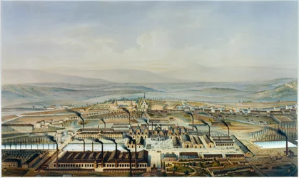 Vista de los talleres de Creusot y Chateau de la Verrerie, litografía después de acuarela de Pierre Tremaux
