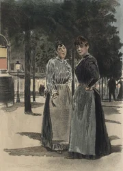 Dos mujeres corrientes en el bulevar, ilustración de "La Femme a Paris" de Octave Uzanne (1851-1931) 1894 (grabado en color)