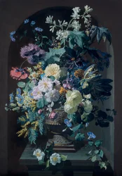 Jarrón de flores con mimosas y jarrón de flores con racimo de uvas (Peer)
