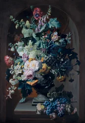 Jarrón de flores con mimosas y jarrón de flores con racimo de uvas (pareja)